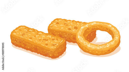 Crispy fried fish sticks and a golden onion ring isolated on white background as delicious seafood snacks or a quick meal.
