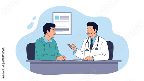 Professional male doctor in a white coat consulting with a male patient during a medical appointment in the private clinic.