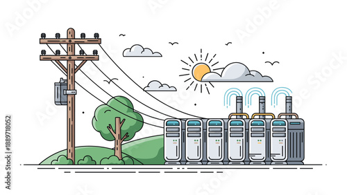 Data center facility located in a green landscape with power lines and transformer pole under a bright sunny afternoon sky.