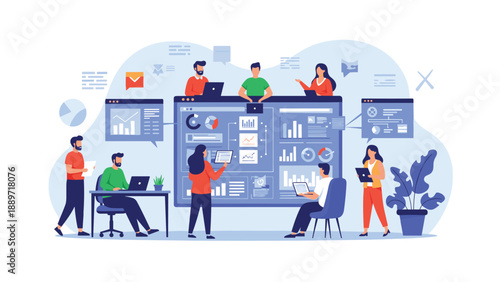 Collaborative team of analysts working together in a modern office with large data dashboards and digital screen displays.