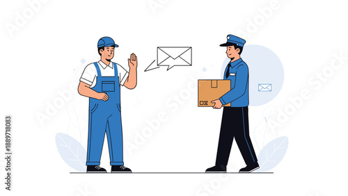 Delivery man in a blue uniform and cap waving to a mail carrier holding a cardboard box in a friendly business exchange.