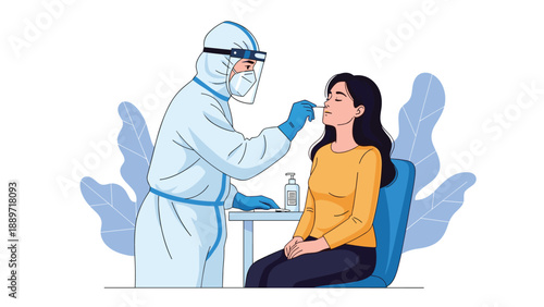 Healthcare worker wearing full protective gear performing a nasal swab test on a woman seated in a medical testing clinic.