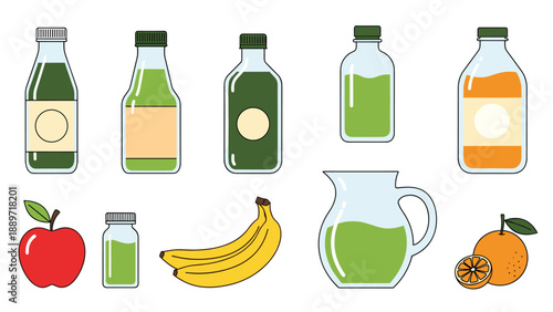 Assortment of healthy fruit juices in glass bottles and a pitcher alongside fresh red apple orange and yellow banana fruits.