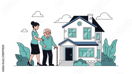Female caregiver helping an elderly man with a walking stick approach a nice white house in a quiet residential area.