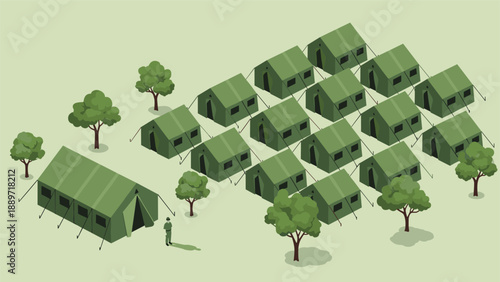 Military base camp with several rows of olive green tents and small green trees on a vast open field during the daytime.
