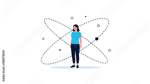 Modern woman standing at the center of orbital lines representing human connection or a futuristic technological concept.