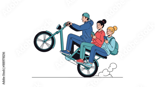 Three adventurous friends riding together on a bicycle doing a wheelie while using their mobile smartphones to text.
