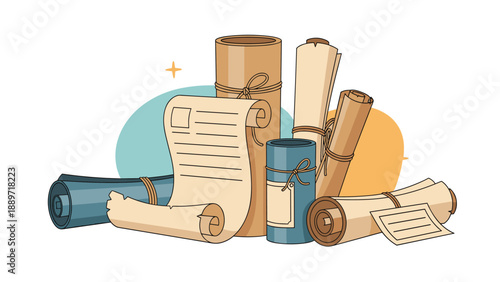 Pile of old fashioned paper scrolls and rolled antique parchments tied with strings for historical or literary themes.