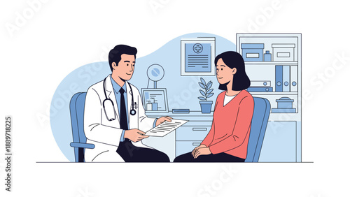 Medical professional presenting a document or test results to a female patient during a consultation in a clinical room.