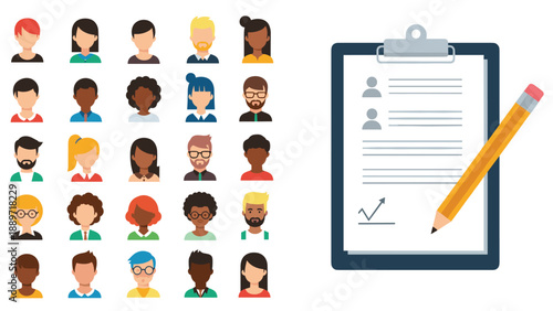 Group of diverse people avatars next to a clipboard with a document and a pencil for human resources staff management.