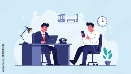 Two male colleagues working in a quiet office where one man uses a laptop and the other man checks his mobile phone device.