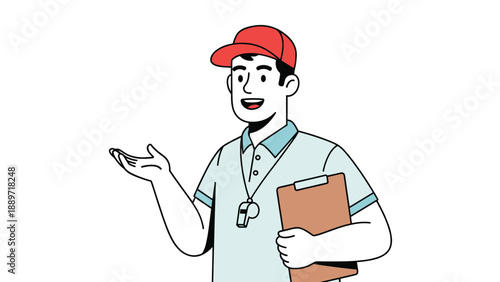 Friendly sports coach or delivery worker wearing a red cap and light blue polo shirt holds a clipboard and whistle for a game or task.