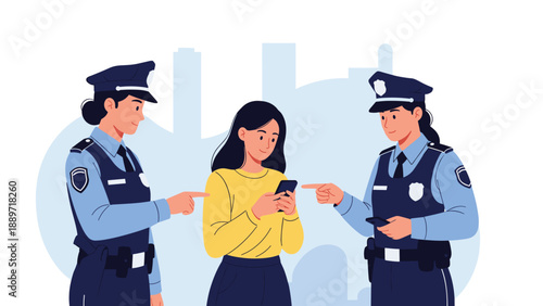 Two female police officers in uniform point towards a young woman in a yellow sweater who is distracted by using her smartphone in public.