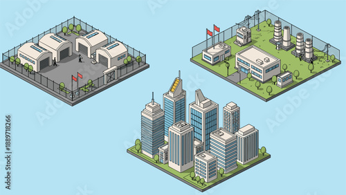 Detailed isometric map features a modern city center with skyscrapers alongside two industrial zones containing factories and warehouses.