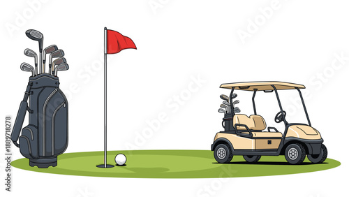 Professional golf course setup includes a full bag of clubs next to a red flag in a hole with a parked cart on the green under the sky.