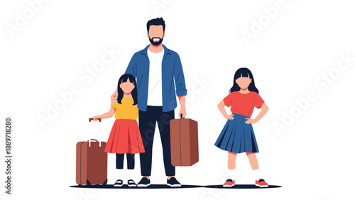 Smiling father stands with his two young daughters who are ready for a family vacation with their suitcases packed and spirits high.