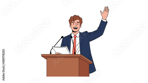 Confident male politician or public speaker in a blue suit stands behind a wooden podium while gesturing and delivering an important talk.