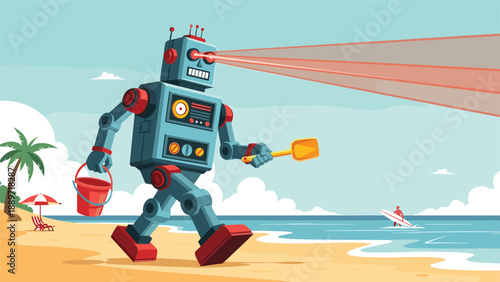 Retro toy robot walks along a sunny tropical beach while carrying a sand bucket and firing powerful red laser beams from its eyes.