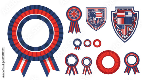 Collection of patriotic American symbols featuring ribbons, rosettes, and shields decorated with the red, white, and blue flag stars and stripes.