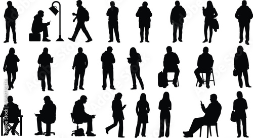 People silhouettes set, men and women sitting standing and walking