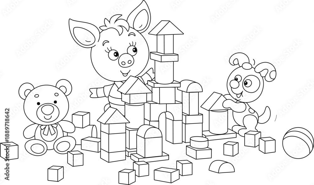 Obraz premium Happy little piglet playing with colorful bricks and building a fancy castle in a playroom, black and white outline vector cartoon illustration for a coloring book