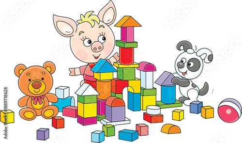 Happy little piglet and small puppy playing with colorful bricks and building a fancy toy castle in a playroom, vector cartoon illustration on a white background