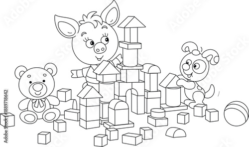 Happy little piglet playing with colorful bricks and building a fancy castle in a playroom, black and white outline vector cartoon illustration for a coloring book