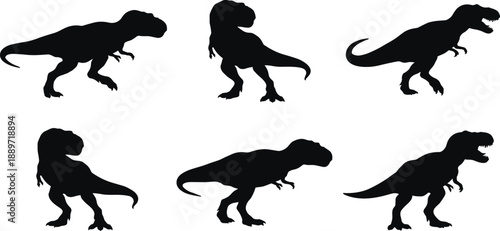 Tyrannosaurus rex silhouettes set, dinosaur poses vector illustration, black prehistoric reptile icons, Jurassic predator collection isolated on white background designTyrannosaurus rex