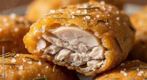 Crispy deep fried savory morsels seasoned with coarse salt and herbs are cut open to show tender white meat inside