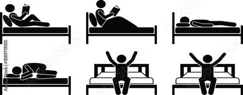 Sleeping, bed, icons, reading, in, bed, waking, up, bedtime, routine, sleep, positions, vector, silhouettes, black, pictograms, isolated, minimal, illustration, setSleeping, bed, icons, reading