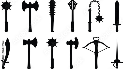Medieval weapon silhouettes, mace, axe, spear, flail, dagger, sword, vector icons, black set, fantasy, combat, isolated, illustration, collection, graphic, designMedieval weapon silhouettes