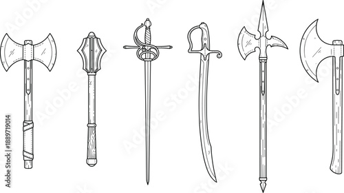 Hand drawn medieval weapon sketches, axes, mace, sword, halberd, vintage line art, vector style, isolated, historical, fantasy, collection, illustration, setHand drawn medieval weapon sketches, axes