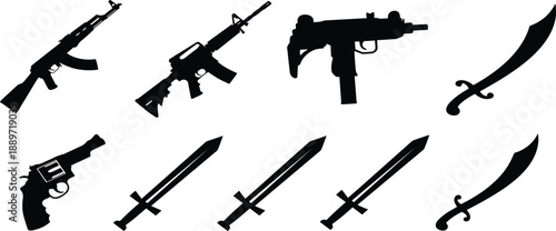 Black weapon silhouettes, rifles, pistol, swords, machetes, vector icons, isolated on white background, military, combat, security, collection, set, illustration, graphicBlack weapon silhouettes