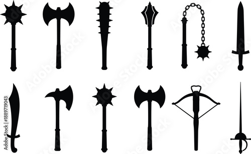 Medieval weapon silhouettes, mace, axe, spear, dagger, flail, sword, vector icons, black shapes, fantasy, combat, collection, isolated, illustration, set, graphicMedieval weapon silhouettes