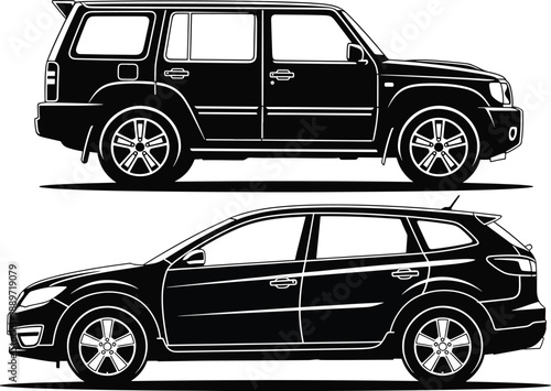 Black silhouette of SUV and wagon car isolated on checkered background