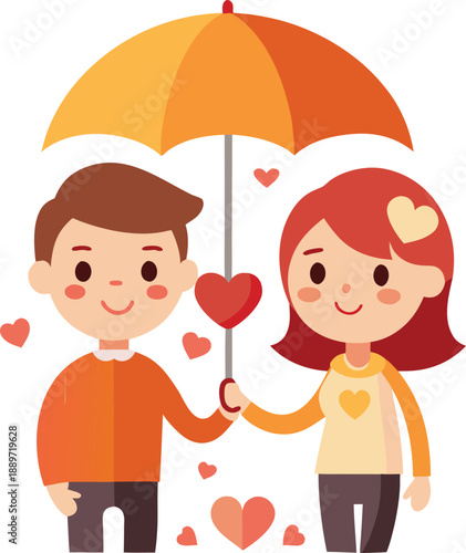 Cute couple holding umbrella with hearts romantic flat vector
