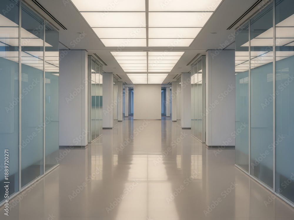 Naklejka premium Long empty office corridor with glass walls and white columns and shiny floor