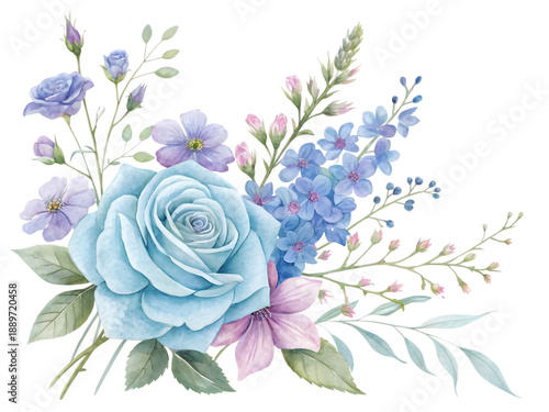 Flower bouquet with blue rose and purple blossoms in watercolor isolated on transparent background	