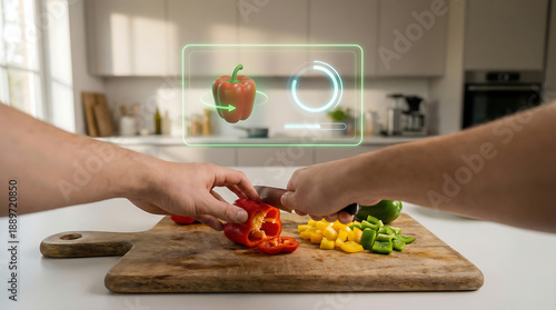 POV of Person Cutting Bell Peppers with Augmented Reality AR Interface in Smart Kitchen