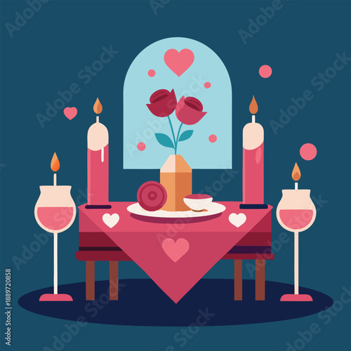 Romantic candlelight dinner table with wine roses valentine flat vector