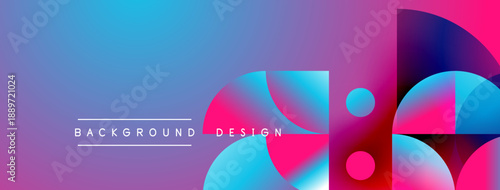 Vibrant gradient background features overlapping circles, squares. Modern design elements create dynamic visual effect. Text reads background design.