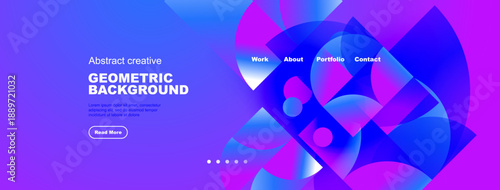 Abstract geometric background. Blue gradients dominate design. Text elements present portfolio information. Modern aesthetic.