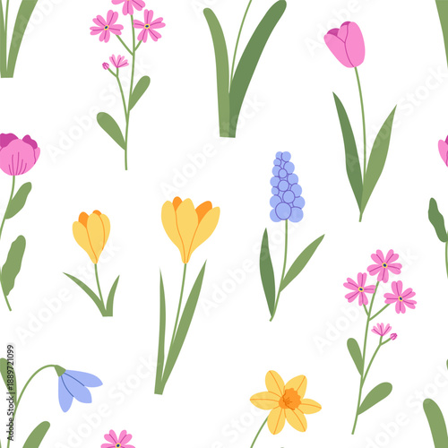 Seamless pattern with spring flowers and green leaves on a white background. Hand drawn illustration for textiles, wallpapers, stationery, and seasonal.
