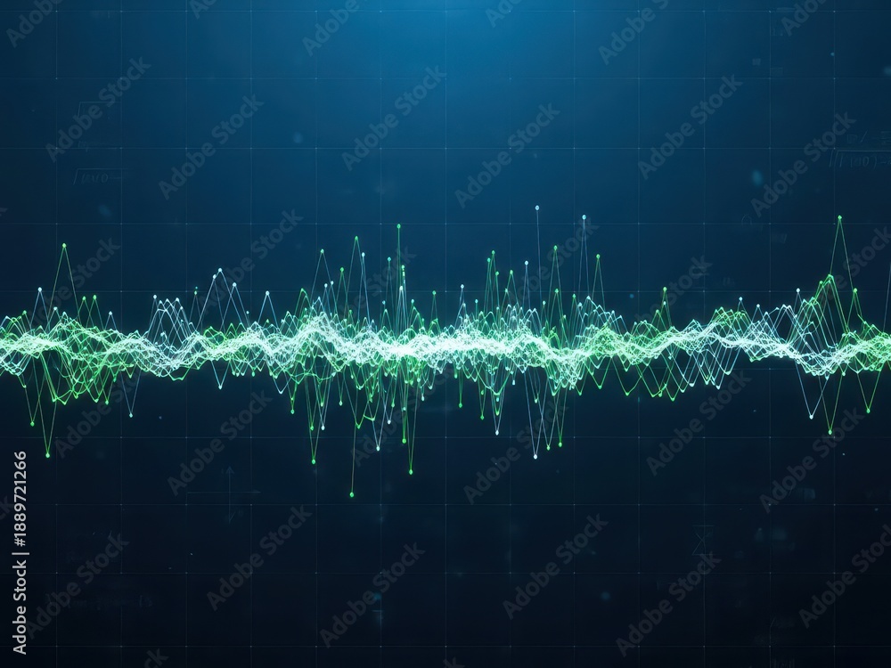 Obraz premium Glowing green waveform on dark blue background with grid lines visible