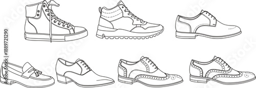 Set of men's shoes footwear sneakers and formal fashion sketch outline
