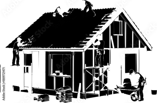 Construction workers building a house exterior with tools and scaffolding.
