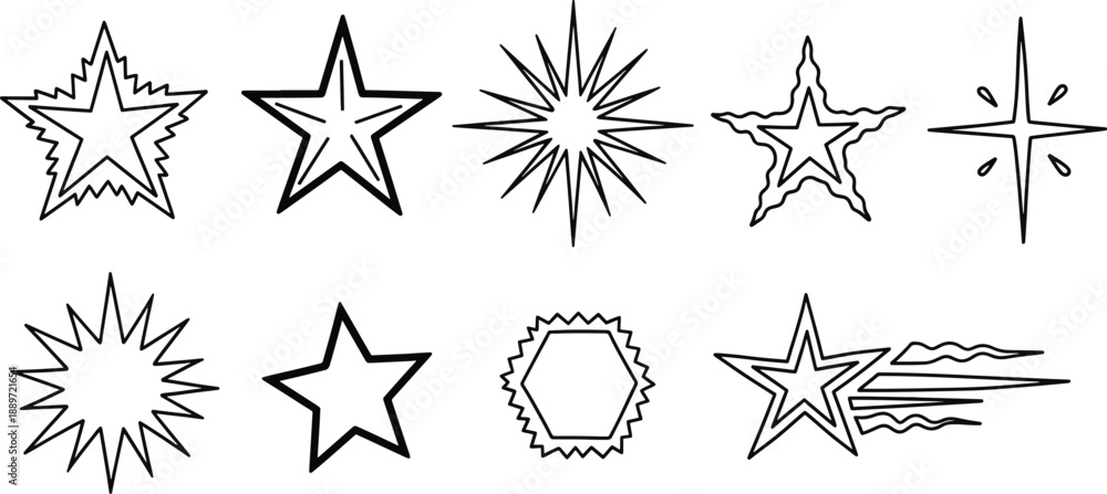 Fototapeta premium Various linear star icons and sparkle shapes collection vector set