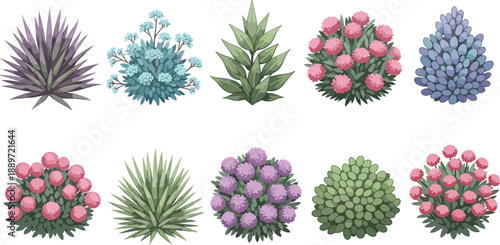 Decorative Garden Shrub and Bush Illustration Set with Colorful Foliage, Flowering Plants, and Stylized Botanical Elements Isolated on White