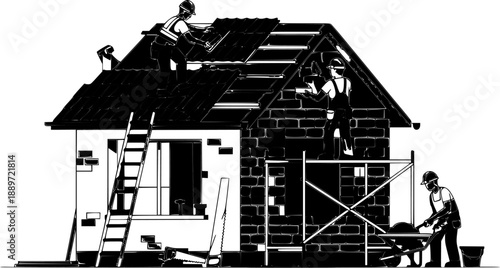 Construction workers building a house on a sunny day.