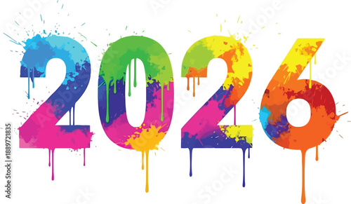 Vibrant and colorful artistic representation of the year 2026 featuring brilliant paint splatters and dripping effects ideal for festive celebration graphics